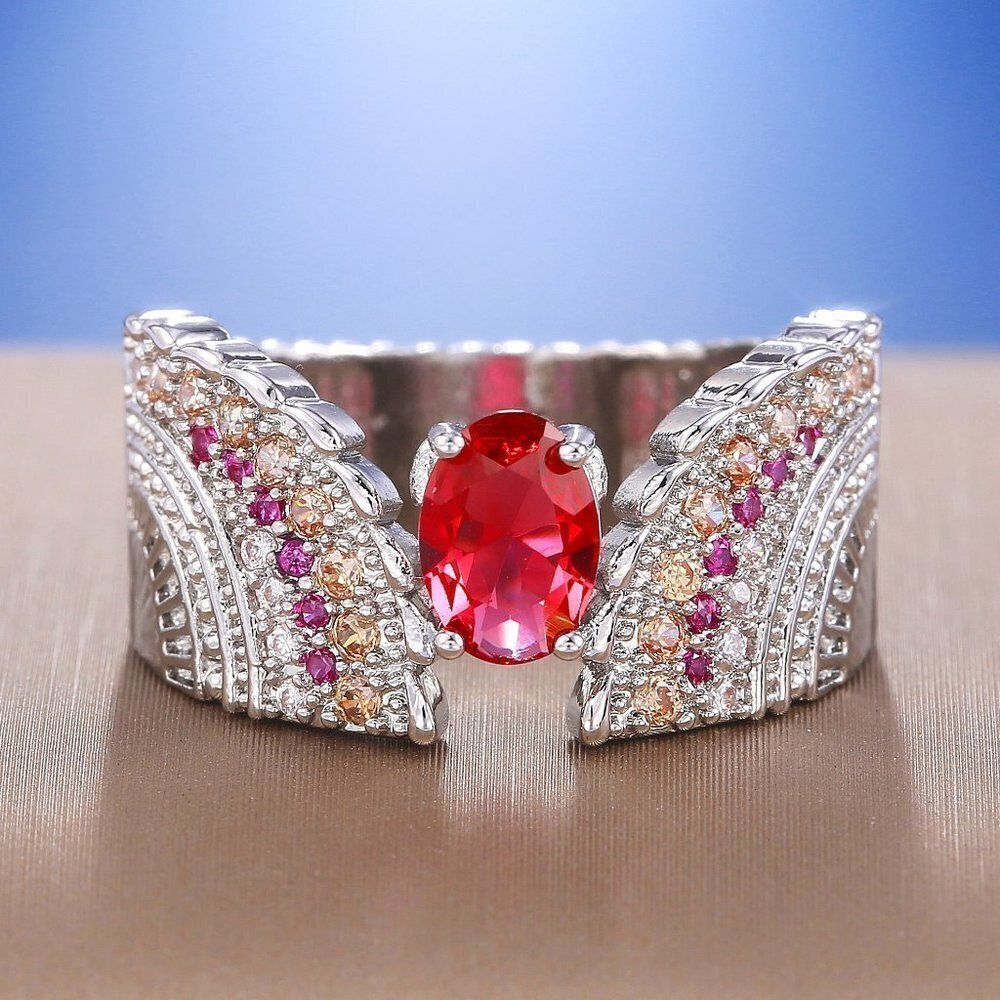 💞 Ethnic Oval Red Ruby Zircon Wings Vintage Silver Ring for Women, PD596